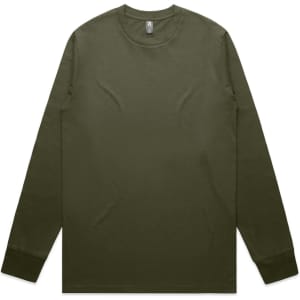 A long-sleeved tee in olive green, featuring a crew neck and fitted sleeves, with a logo on the label.