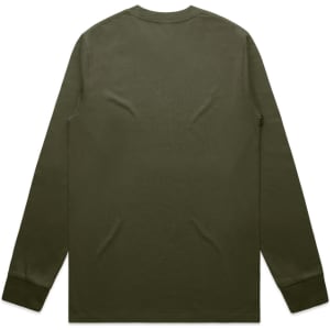 A long-sleeve green T-shirt with a plain back and snug cuffs, featuring a logo.