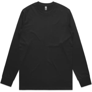A black long-sleeve t-shirt with a simple design and a logo on the neck.
