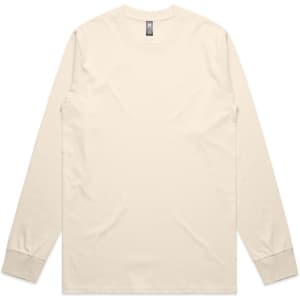 A long-sleeved classic tee in a soft cream colour, featuring a simple design with a branding label.