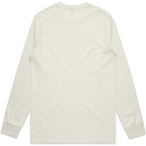 A beige long-sleeve T-shirt with a simple design and fitted cuffs, featuring a logo on the back.