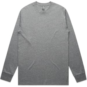 A grey long-sleeve T-shirt laid flat, featuring a simple design and a label inside the collar.