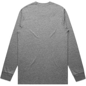 A long-sleeve grey T-shirt featuring a simple design with a logo on the back.