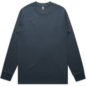 A long-sleeve t-shirt in navy blue with a simple design and a logo on the label.
