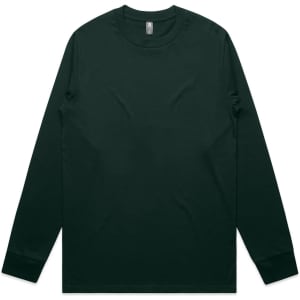 A long-sleeve tee in dark green with a round neckline and a logo on the label.