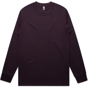 A long-sleeve tee in a deep purple colour, featuring a simple design and a logo on the neckline.