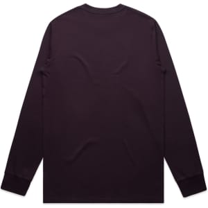 A long-sleeved tee in a deep purple shade, featuring a simple back design and a logo.
