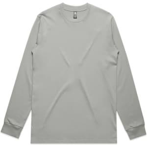 A long-sleeve tee in a muted grey shade, featuring a simple design and a small logo.
