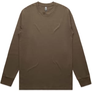 A long-sleeve t-shirt in a brown hue, featuring a simple design and a logo on the tag.