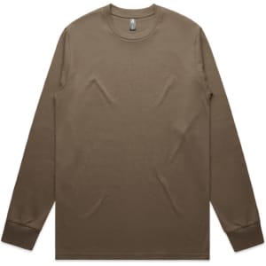 A long-sleeve T-shirt in a solid brown colour, featuring a crew neckline and fitted cuffs. It has a logo on the label.