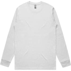 A light grey long-sleeve T-shirt with a round neckline and a logo on the label.