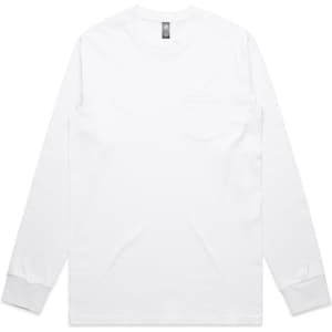 A white long-sleeve T-shirt with a pocket and a logo on the label.