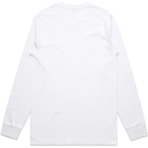 A white long sleeve tee shirt with a plain back and fitted sleeves. It features a small logo on the back neckline.