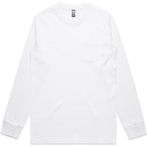 A white long-sleeve T-shirt with a pocket and a logo on the tag.