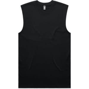 A black sleeveless tank top with a round neckline and a logo on the label.