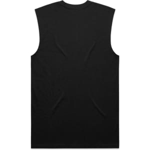 A black sleeveless tank top with a smooth texture and a logo on the back.