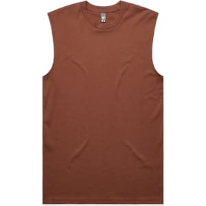 A brown sleeveless tank top with a plain design and a logo at the neckline.
