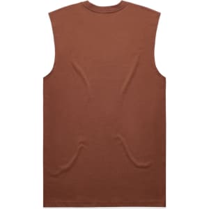 A brown sleeveless shirt with a simple design and a back view, featuring a logo on the garment.