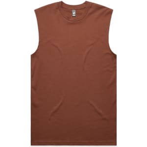 A brown sleeveless tank top with a round neckline and a tag label, featuring a simple design.