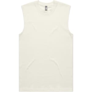 A white sleeveless tank top with a simple design and a logo on the neckline.