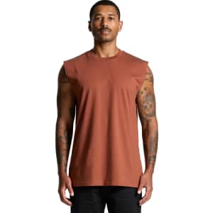 A sleeveless, rust-coloured tank top made of fabric, featuring a subtle logo on the front.