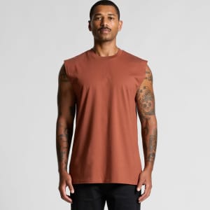 A plain brown tank top is displayed on a model with tattoos, featuring a simple design and no visible logos.