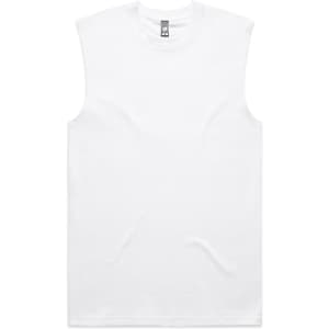 A white classic tank top with sleeveless design and a logo on the label.