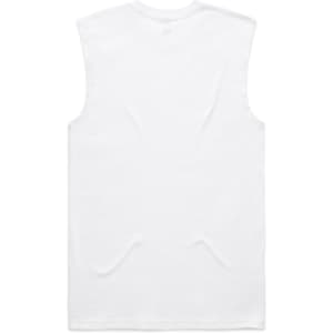 A plain white sleeveless tank top with a simple design and a logo on the back.