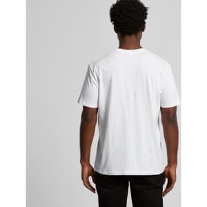 A plain white t-shirt with short sleeves, viewed from the back. It features a simple design and has a logo.