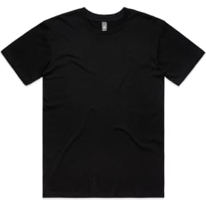 A black t-shirt with short sleeves and a round neckline. It features a logo.