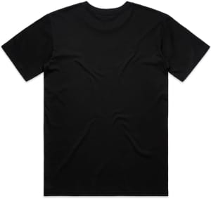 A black t-shirt with a plain back, featuring a logo on one side. Suitable for casual wear.