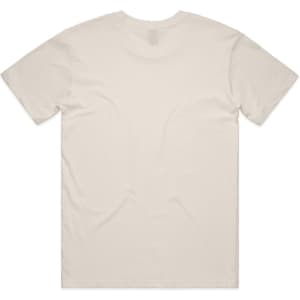 A plain cream-coloured T-shirt with a standard crew neck and short sleeves. Features a logo on the back.