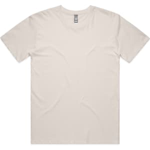 A beige t-shirt with a round neckline and short sleeves, featuring a logo on the tag.