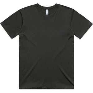 A black T-shirt with a classic crew neck design and short sleeves, featuring a logo on the tag.