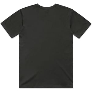 A black t-shirt featuring a plain back, suitable for casual wear. The shirt has a logo.