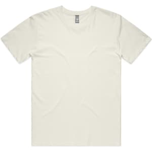 A plain, light cream-coloured T-shirt with a round neckline and short sleeves. It has a branding tag.