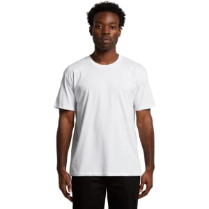 A white T-shirt with short sleeves, featuring a simple design and a logo on it.