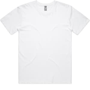 A white short-sleeved t-shirt with a round neckline and a label, featuring a logo.