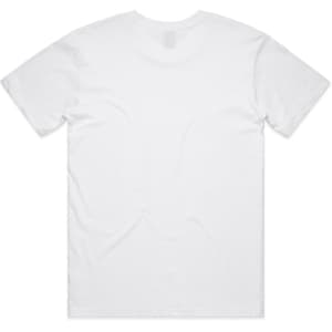 A plain white t-shirt with short sleeves, featuring a logo on the back.