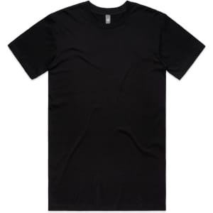 A black T-shirt with a standard crew neck and short sleeves, featuring a branding logo.