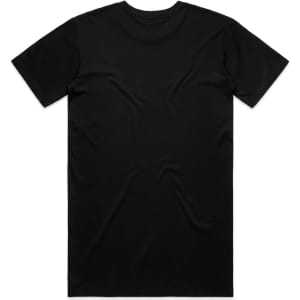 A black t-shirt with a simple design and a back view. It has a branding logo near the neckline.