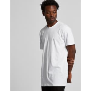 A white t-shirt with short sleeves, featuring a logo on the front, shown on a model in a neutral setting.