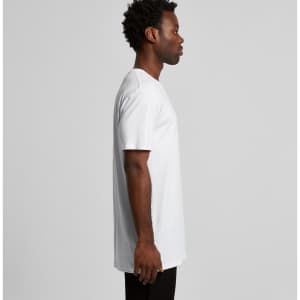 A white t-shirt with a relaxed fit, featuring short sleeves and a side view of a model. Includes a logo.