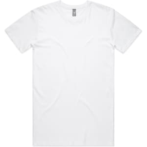 A plain white T-shirt with short sleeves and a branded label on the neckline.