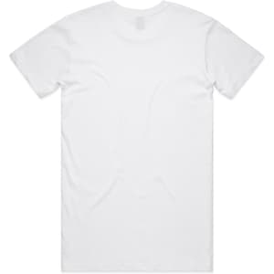 A plain white T-shirt featuring a standard back design and a logo or branding on the inside label.