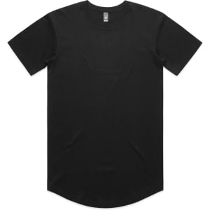 A black T-shirt with a curved hem and short sleeves, featuring a subtle logo.