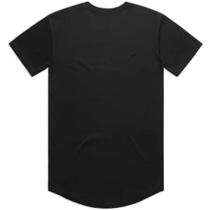 A black T-shirt with a curved hem and short sleeves, featuring a logo on the back.