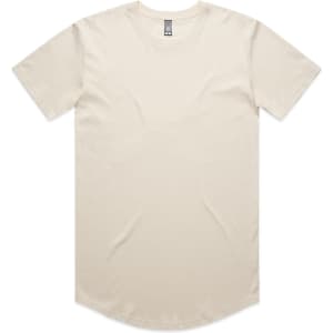 A cream-coloured Staple Curve Tee with a rounded hem and short sleeves. It features a logo on the label.