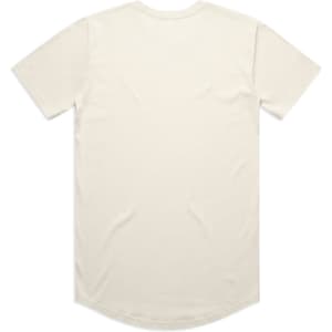 A light cream-coloured T-shirt with a curved hem and short sleeves. The back is plain without any designs.