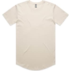 A beige Staple Curve Tee featuring a rounded hem and short sleeves, with a small logo on the neckline.